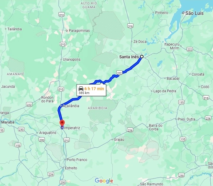 Suspeita de envenenamento viajou mais de 380 km para cometer crime em Imperatriz. (Foto: Reprodução/Google Maps)