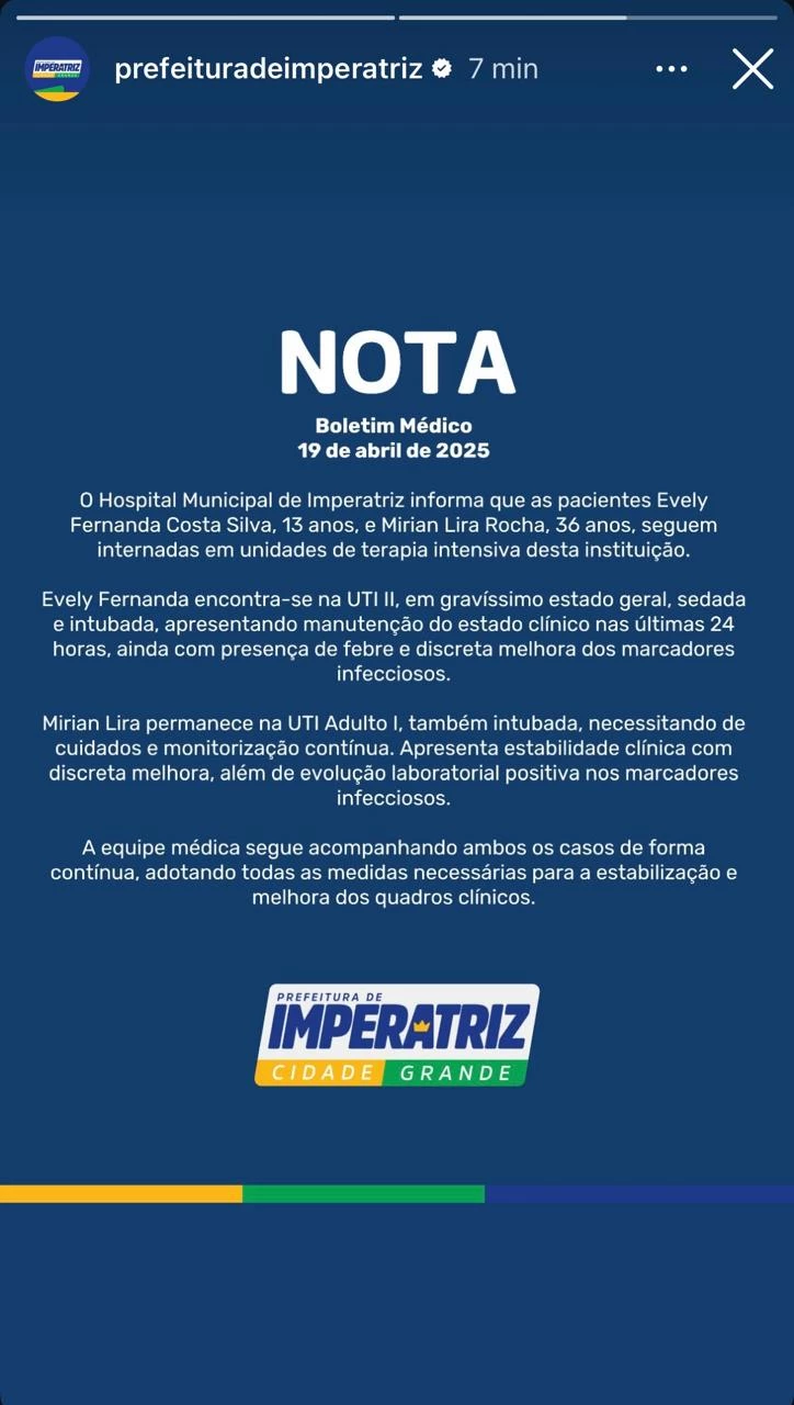 A nota oficial foi publicada nas redes sociais da Prefeitura Municipal de Imperatriz.