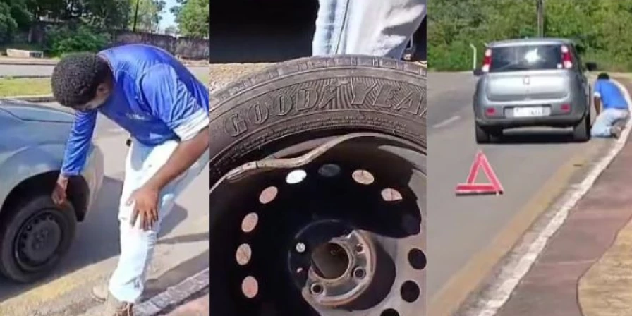 Diante do problema, o motorista precisou parar o carro para solicitar ajuda de um borracheiro.