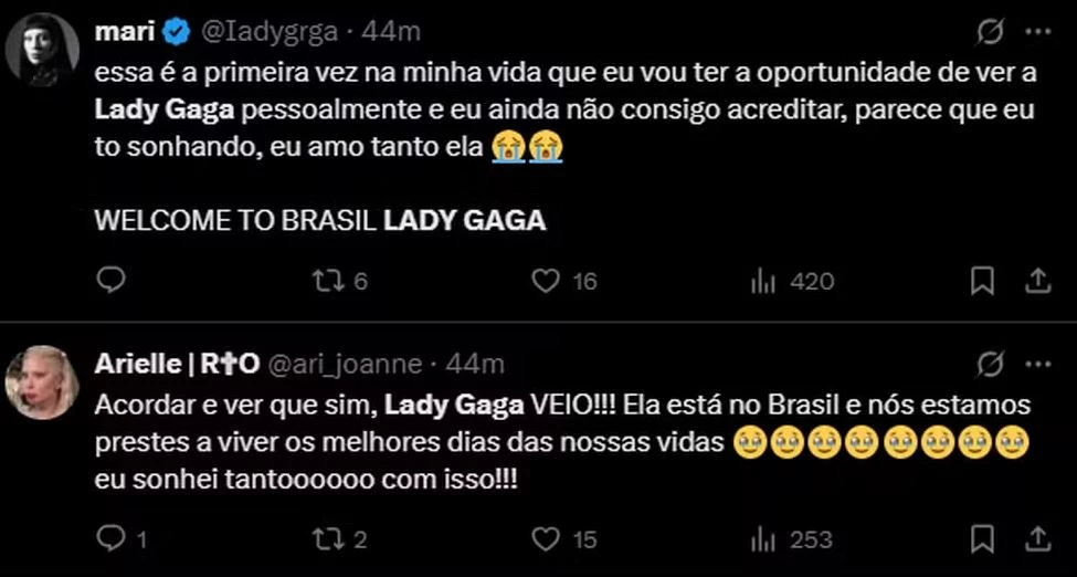 Fãs comemoram a chegada de Lady Gaga no Brasil nas redes sociais. (Foto: Reprodução/Redes sociais)