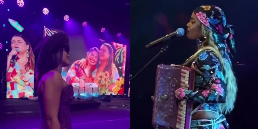 Thay OG e Lucy Alves prestam homenagem a Preta Gil durante abertura do São João da Thay.