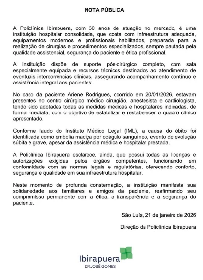 Nota da clínica (Foto: Divulgação)