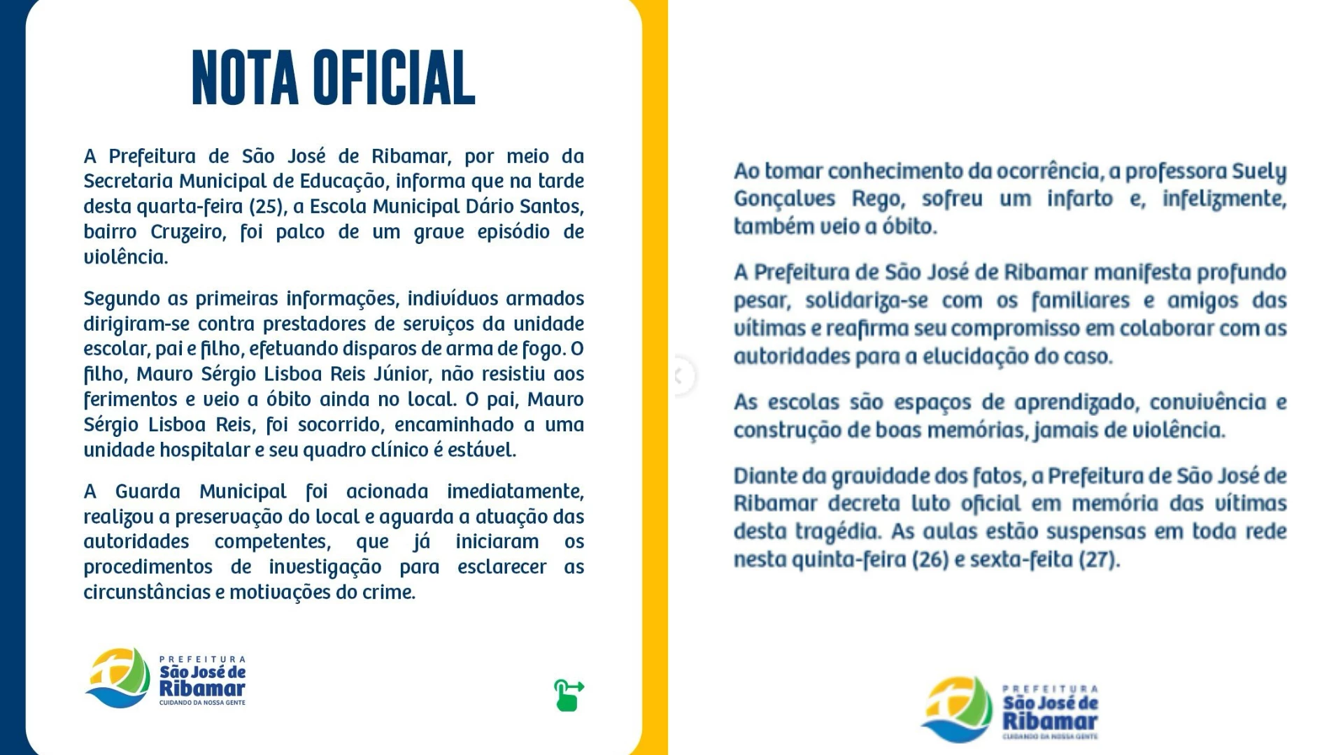 Nota oficial sobre o caso. (Foto: Reprodução/Prefeitura de São José de Ribamar)