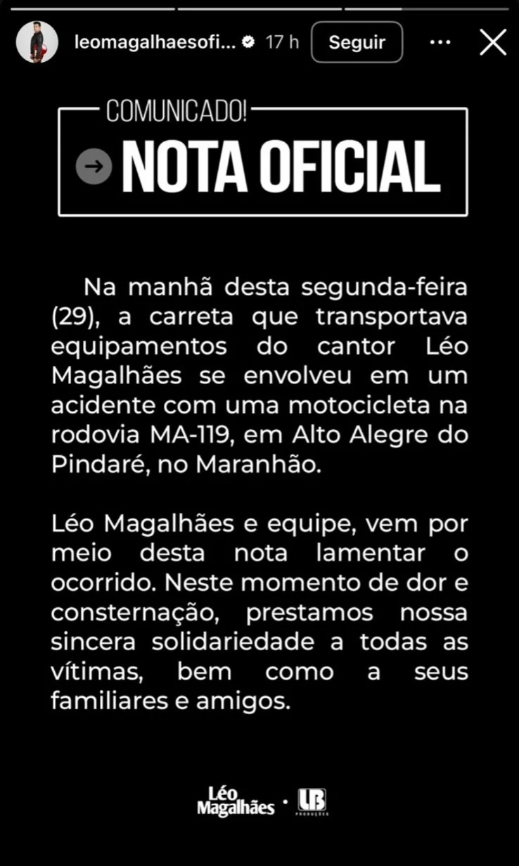 Nota oficial na íntegra. (Foto: Reprodução/Instagram/Leo Magalhães)