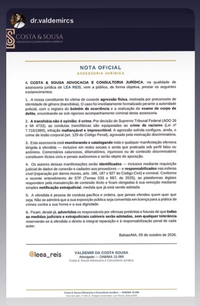 Nota da assessoria jurídica de Lea Reis (Foto: Reprodução/Instagram)