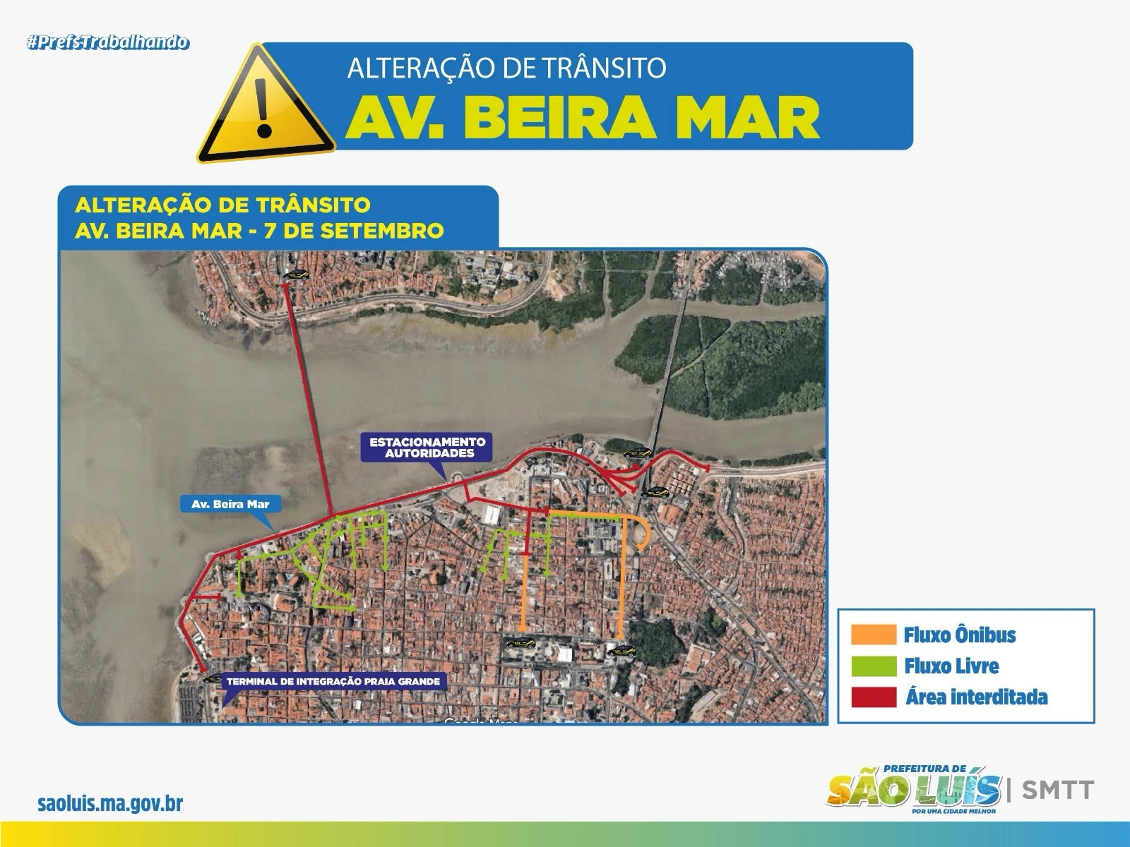 Alteração de trânsito segundo a SMTT - Av. Beira-Mar para o desfile cívico-militar do dia 7 de Setembro. (Foto: Divulgação/SMTT)