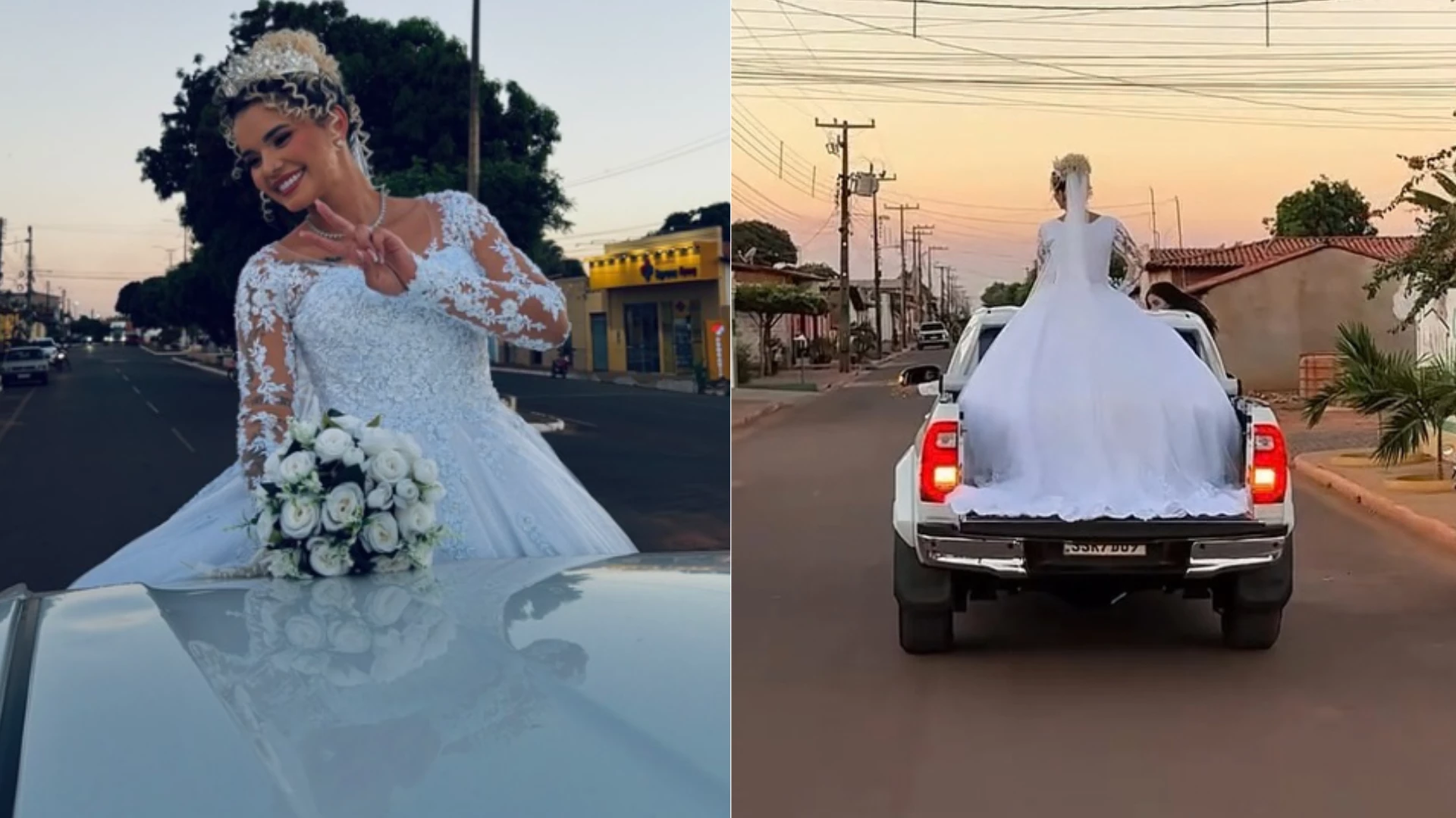 Noiva viraliza ao chegar à igreja em carroceria de caminhonete no Maranhão