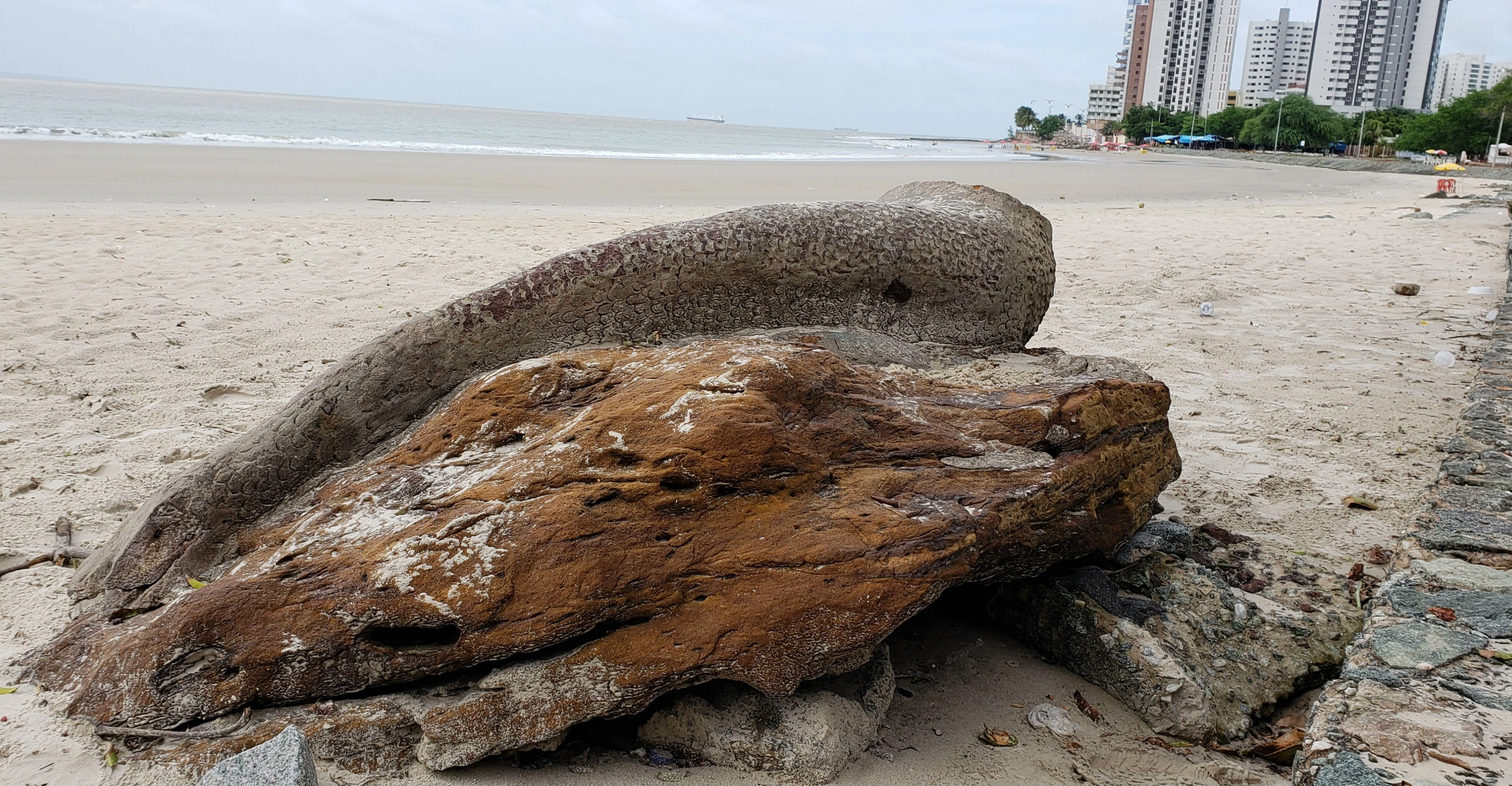 Cauda da Sereia da Ponta d’Areia foi encontrada na areia da mesma praia, anos após ter sido retirada da praça há vários anos
