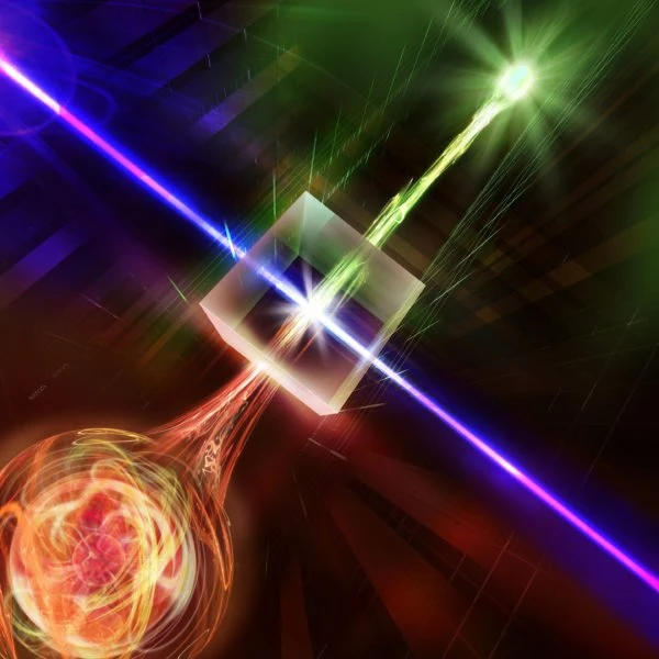 Figura 1 – Emaranhamento quântico em um cristal não linear iluminado por um laser forte, o comprimento de onda do fóton é convertido no valor ideal para viagens de longa distância. (IQOQI Innsbruck / Harald Ritsch)